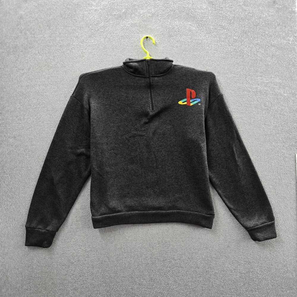 Playstation Boy Sweatshirt L Gray Embroidered Fleece Quarter Zip Activewear